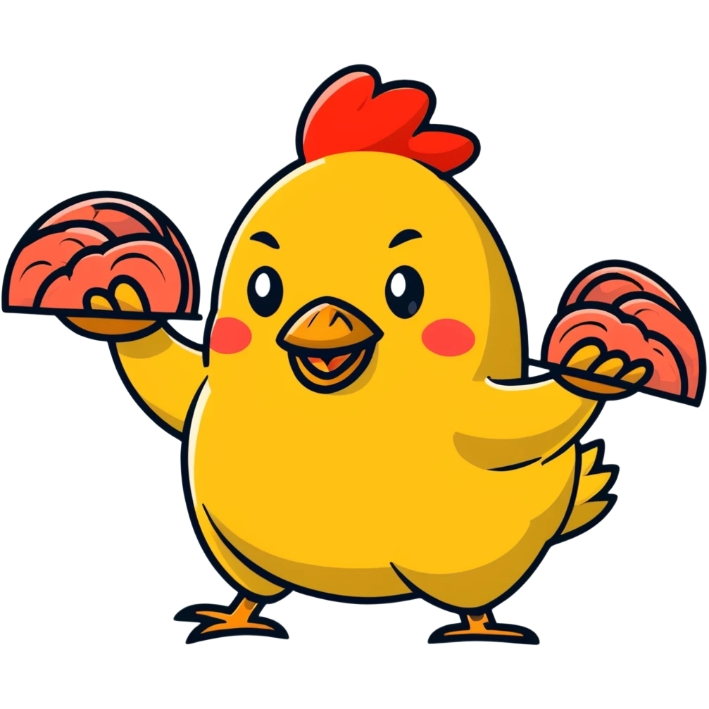 Four separate cute protein stickers: happy chicken breast with tiny arms, smiling red meat steak, cheerful salmon fillet, and joyful egg, each with little muscle arm flexing, showing their protein power emoji