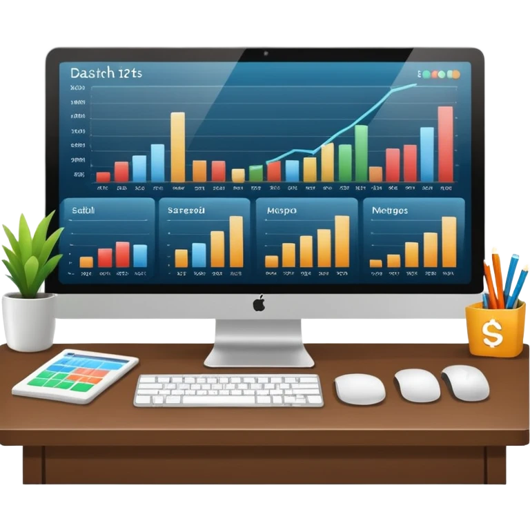 Create a modern desktop computer displaying financial charts and analytics dashboards on the screen. emoji