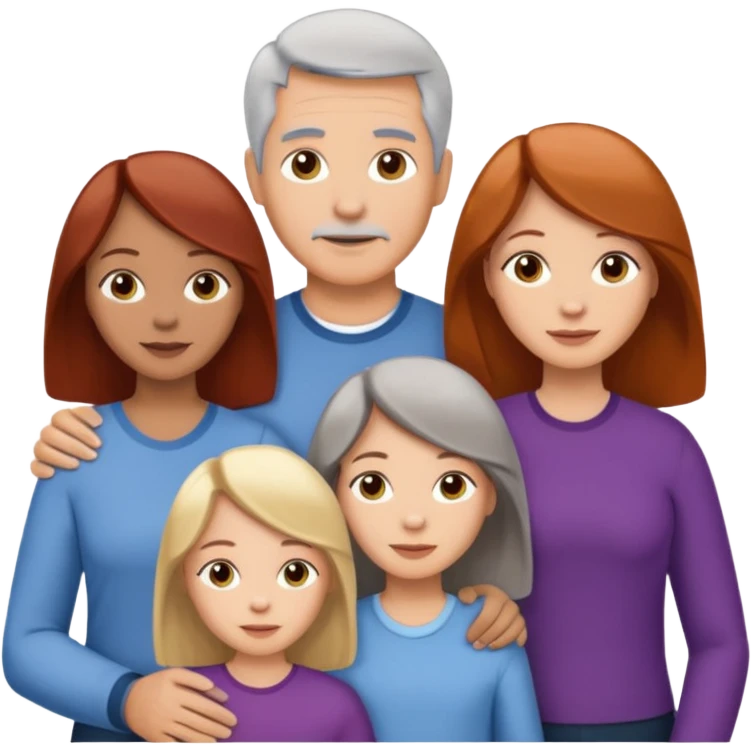 Family emoji showing a family of five. Father has grey hair, mother has mixed grey/brown hair, three daughters with blonde, brunette and redhead hair colors. emoji