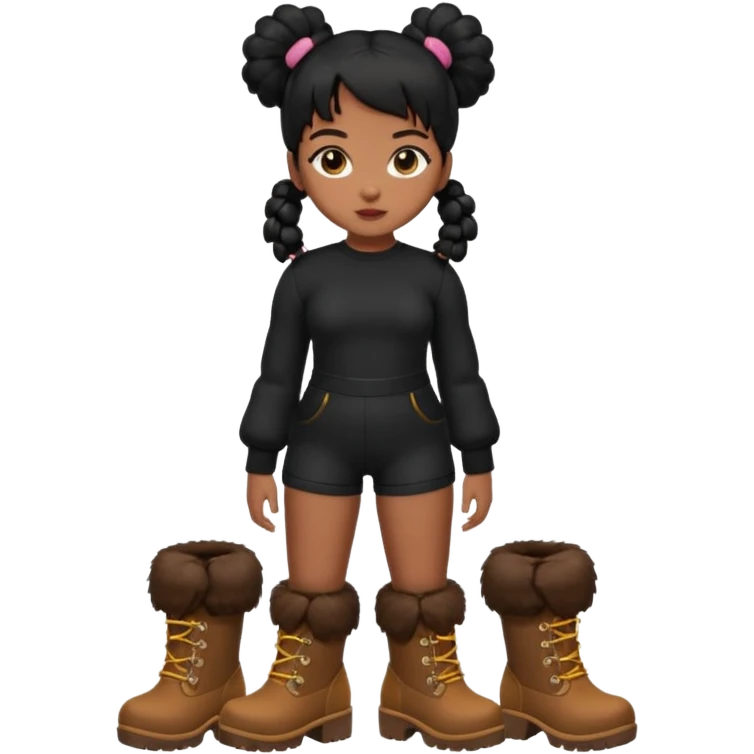 A brown skin girl thats slim and thick body with black hair into two puffy pigtails  and wears all black outfit with brown furry boots  emoji