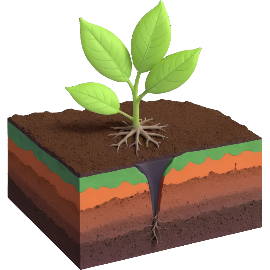 A fresh green leaf resting on the surface of a cross-section of the Earth, where soil and underground layers are visible beneath. Natural lighting, realistic textures. emoji