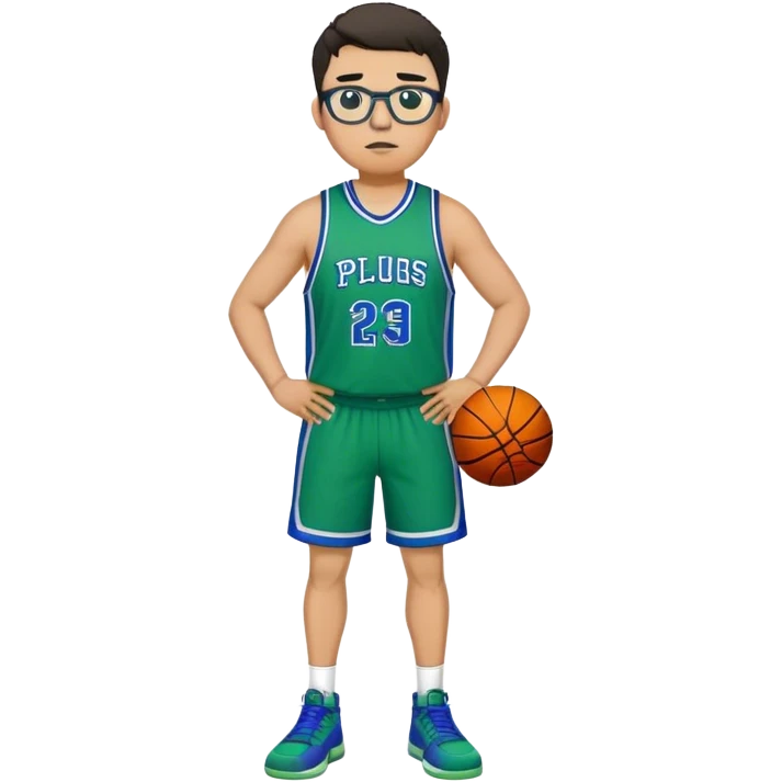 Full Body tall plus size white male with dark short hair basketball player wearing glasses wearing blue green uniform emoji