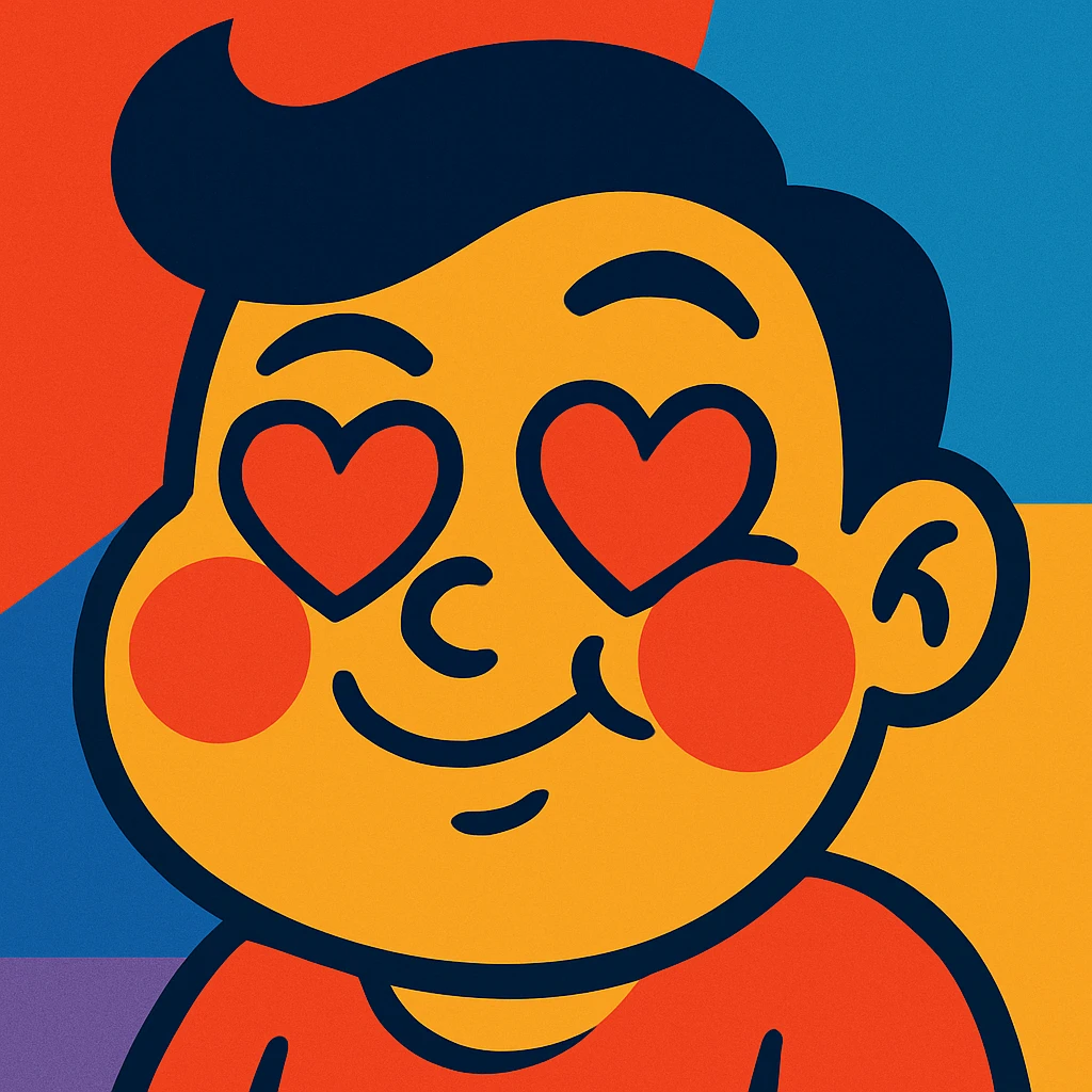 Add heart eyes to the vibrant toon style face with cheeks puffed out, playful smirk, blushing. emoji