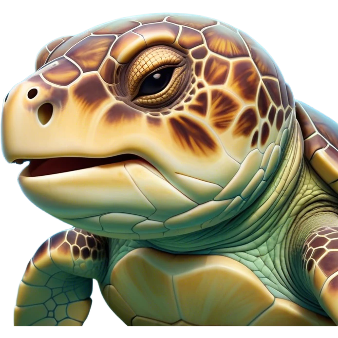 Cinematic Cute Yawning Sea Turtle Portrait Emoji, Head tilted slightly with a dramatic, wide-open yawn, showcasing a stately, patterned shell and a smooth, aged body with sleepy, half-closed eyes, Simplified yet irresistibly adorable features, highly detailed, glowing with a soft, cozy oceanic glow, high shine, relaxed yet expressive, stylized with a dash of whimsical marine charm, soft glowing outline, capturing the essence of a drowsy yet affectionate sea turtle that appears ready to stretch out for a nap! emoji