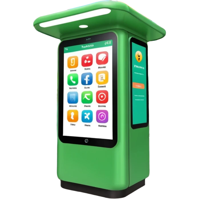 Digital Kiosk + green interface + public info, Street Advertisements. emoji
