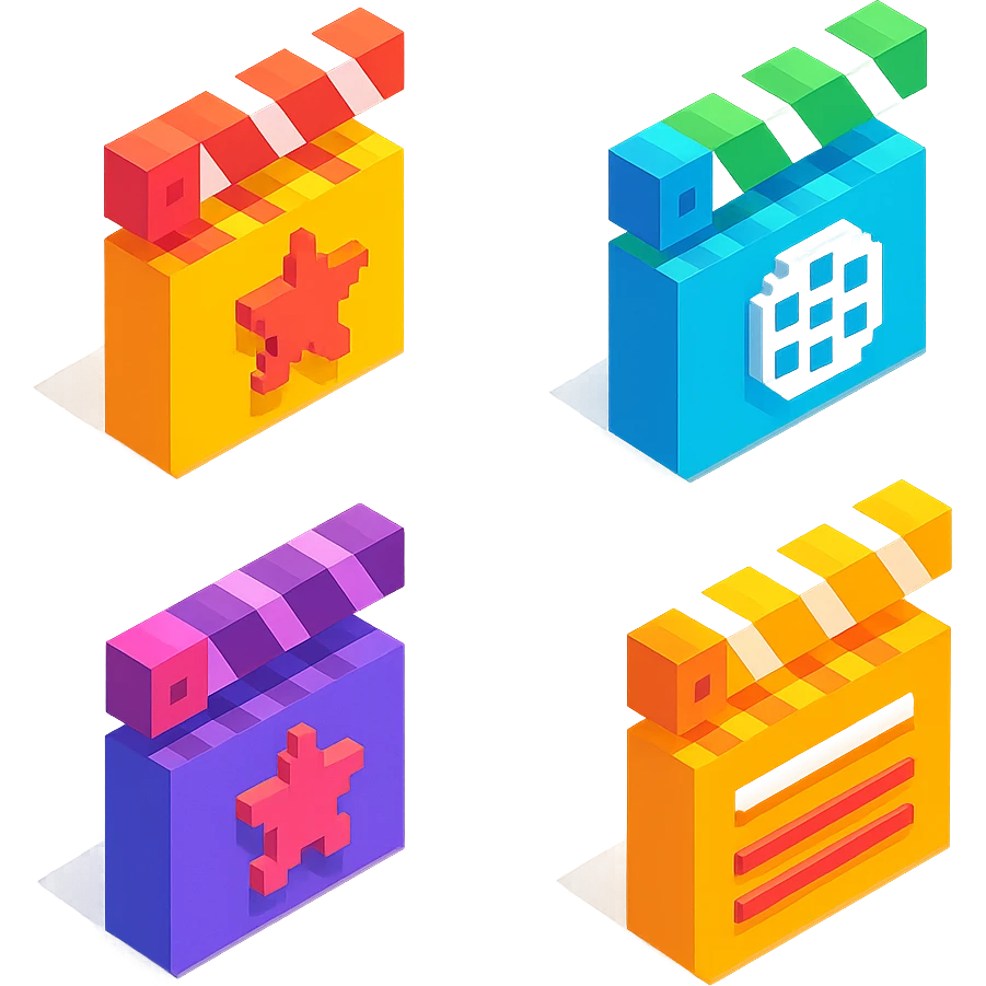 isometric view set of movie clapperboards in voxel style, various colors and patterns on lids, some with stars, stripes, or film icons emoji