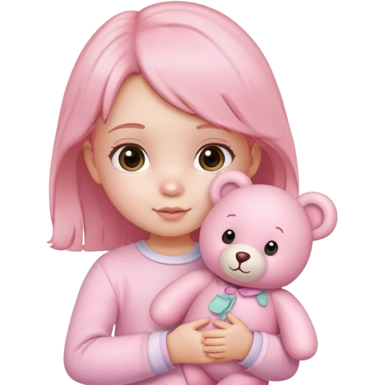 cute toddler girl with pastel pink clothes holding a pink teddy bear emoji