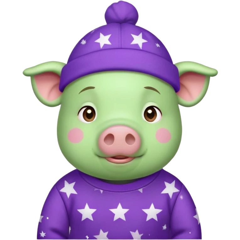 A green pig, in a purple sweatshirt, with a purple cap with a pattern of stars on his head emoji