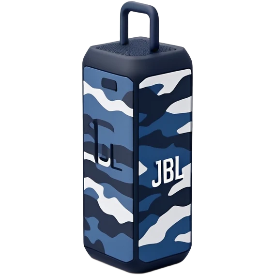 Navy blue and black maritime camouflage JBL Go 4, minimalist design, sleek portable speaker, simplified form emoji
