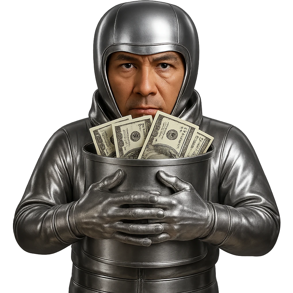 Keep the character's skin color and natural face as it is, and keep the suit, helmet, and bucket chrome. Replace the cartoonish green dollar bills with realistic-looking US dollar bills, with authentic details and textures. The background should remain transparent. emoji