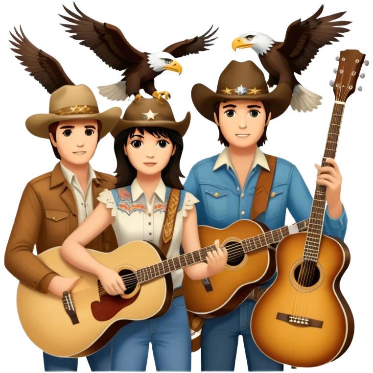 Icon for Country Music: A collage featuring Eagles as a band, Ricky Nelson, and Linda Ronstadt. Acoustic guitars, banjo, cowboy hats and a vintage Americana aesthetic evoke the spirit of classic country and country rock. Warm earthy tones. Transparent background. emoji