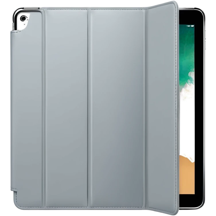 Closed forward facing Light grey trifold iPad cover. Plain no emojis or faces on the cover
 emoji