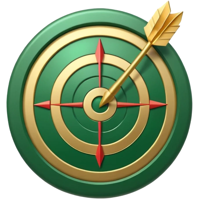 3D target icon with arrow hitting bullseye, modern glossy style, deep green (#0B3D2C) rings, gold (#C9B037) center and arrow, subtle glow, transparent background, premium render emoji