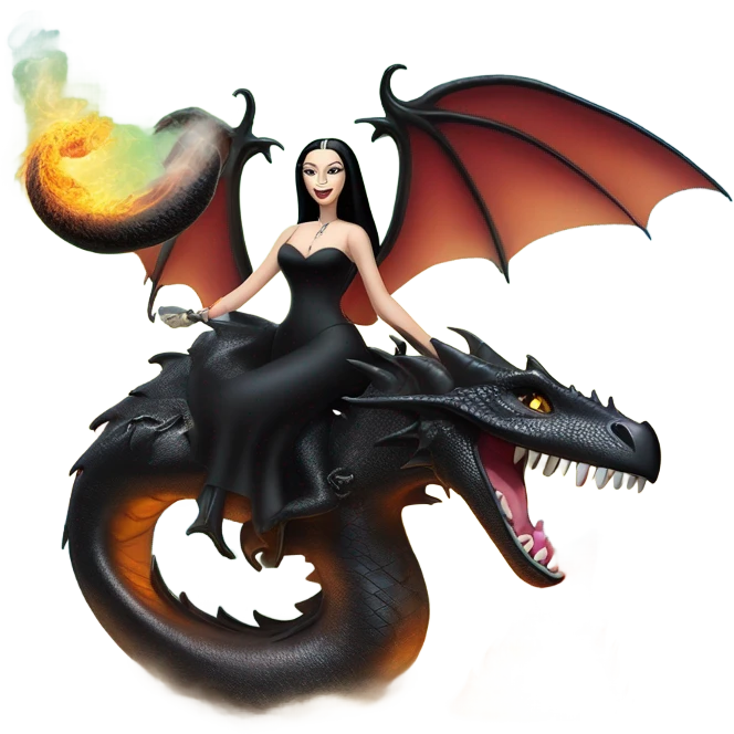 empowered and glamorously  dressed teen Morticia Addams Malibu Beach Barbie Jedi flying/riding on the back of a very large black shiny evil-looking fire-spewing horned dragon. proper scale emoji