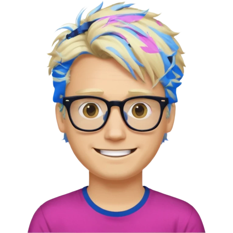 A blond guy with messy hair is smiling. He wear black and dark blue glasses and a fushia T-shirt.  emoji