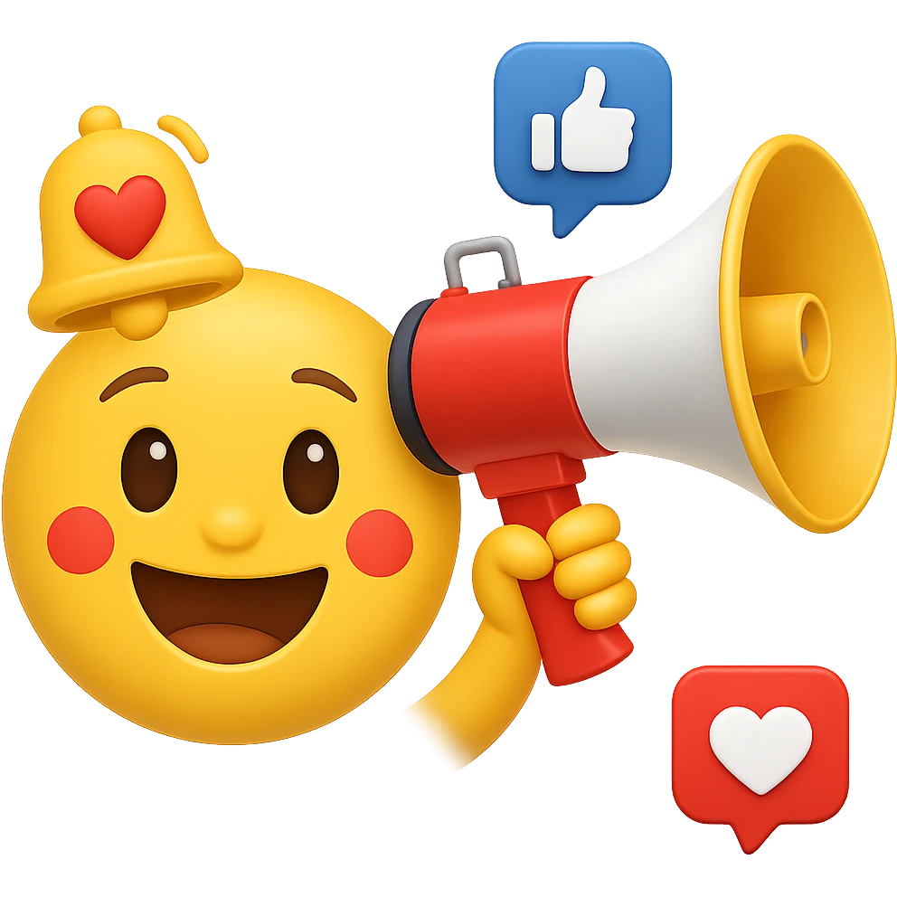 Add a notification bell with a heart to the classic yellow emoji, keeping the background transparent. Include a megaphone and social media icons to emphasize social media marketing. The emoji should have a classic yellow emoji style. emoji