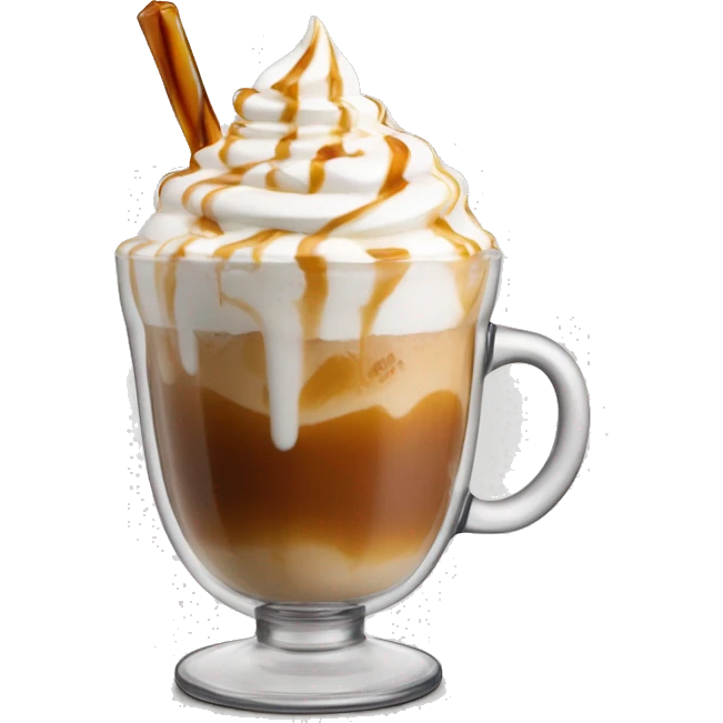 Ice cappuccino in clear cup with whip cream and caramel emoji
