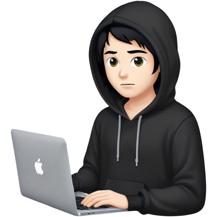 hackeur blanc cheveux noir et capuche noir avec un macbook emoji
