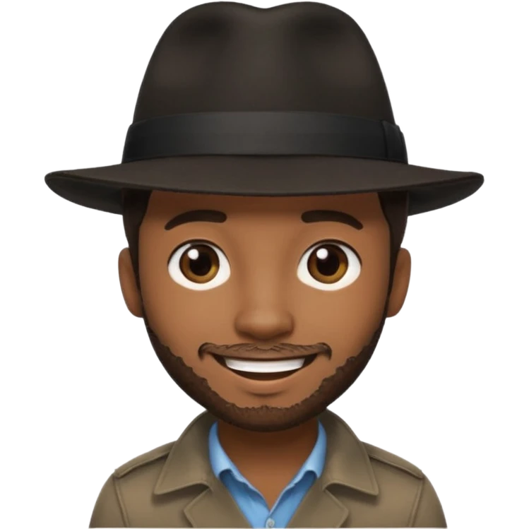 Black photographer wearing black fedora, short naturally messy dark brown hair, stubble, smiling emoji