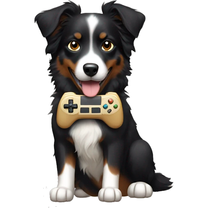 Small black australian shepherd dog with beige video game controller  emoji