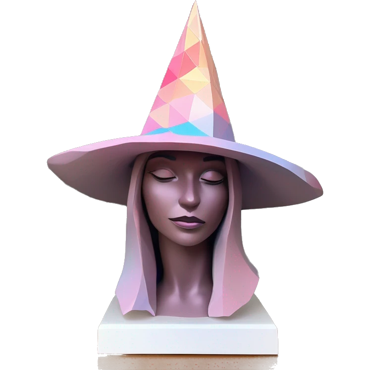 standalone sculpture witch hat is geometric, faceted design, on a hat display. The sculpture is angular and Alphonse Mucha style. The vibrant midtone tints of pastels and pink highlights the sharp edges and planes.  emoji