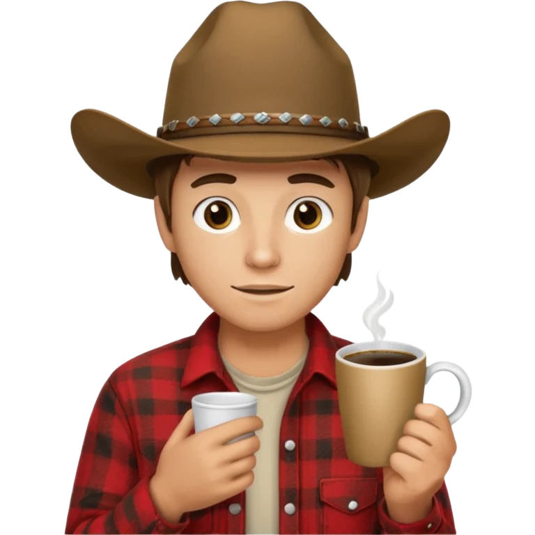 generate an ios genmoji of a 20 year old tan boy with a cowboy hat and side burns. Wearing a flannel and carrying a coffee mug emoji