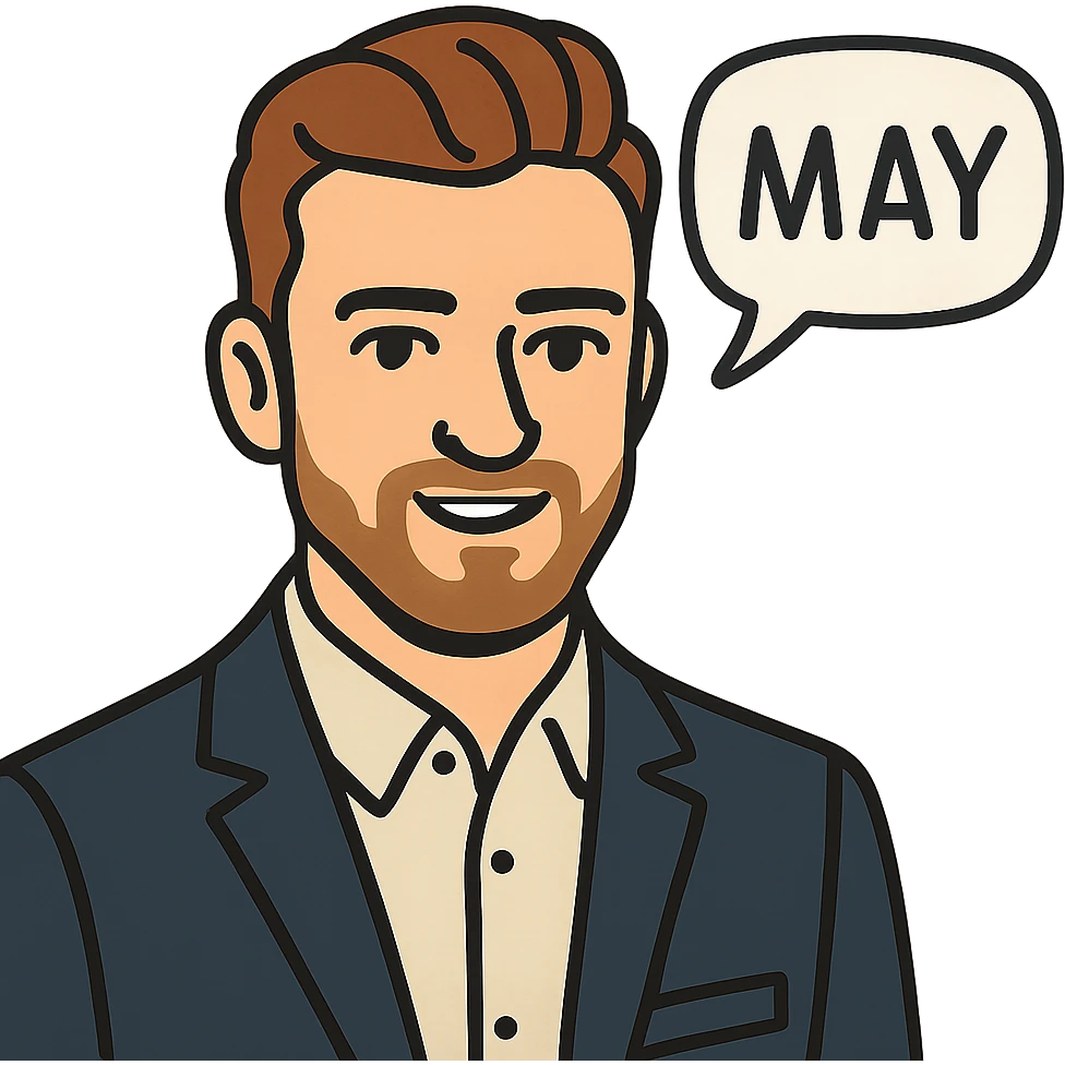 flat toon style Justin Timberlake lookalike with 'MAY' in a speech bubble emoji