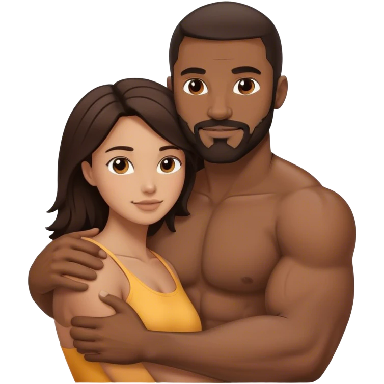 Black man with facial hair and muscles hug small beautiful brunette woman emoji