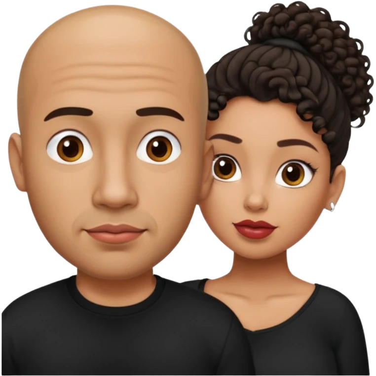 A picture of a tanned couple. the man is a Mexican man with tanned skin, a bald hair cut, short shaved beard and wearing a black shirt. the woman is mixed, with curly medium length hair in a pony tail, with big boobs and lips  emoji