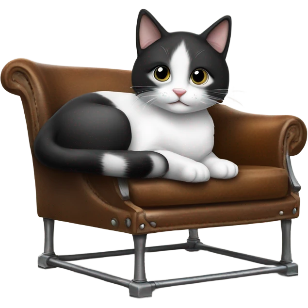 cute black and white cat laying on a big leather and metal chair  emoji