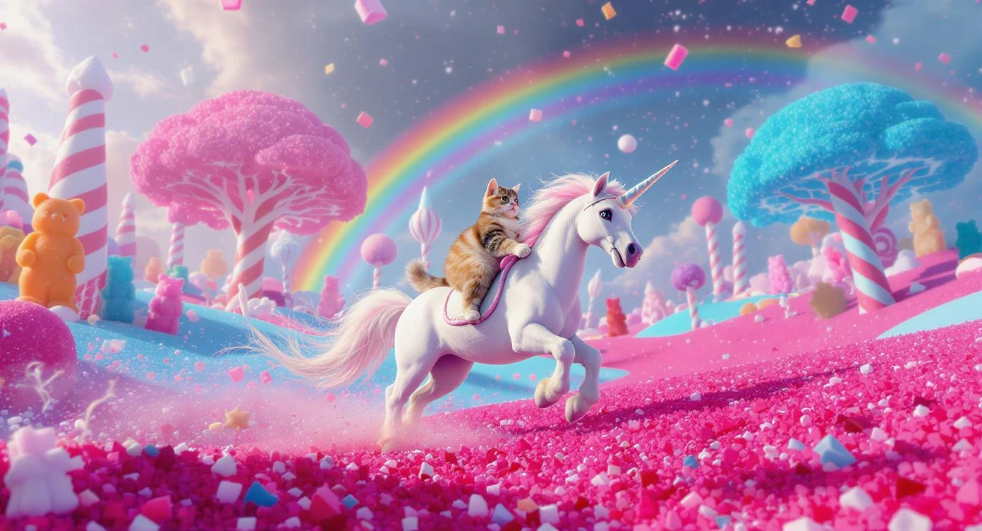 Cinematic still of a cat riding on unicorn around magic pink, and blue candy world, rainbow, dynamic shot emoji