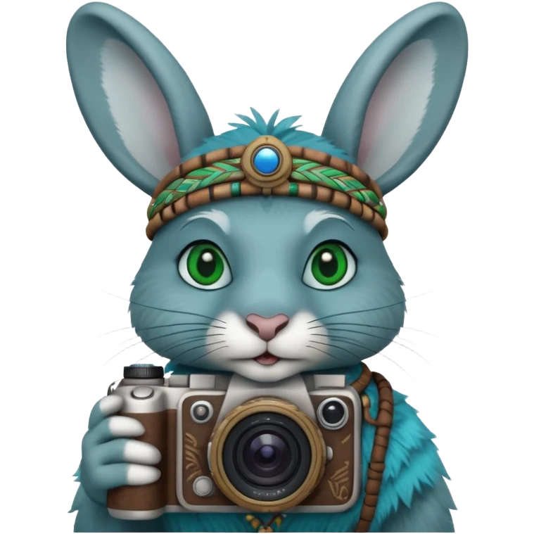 rabit, tribal ethnic ancient rabit with camera, blue and green emoji