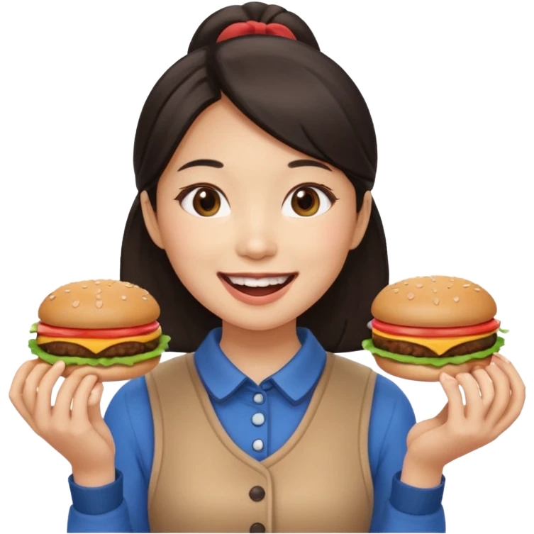 create a humongous asian girl with 2 burgers and a cookie in her mouth emoji