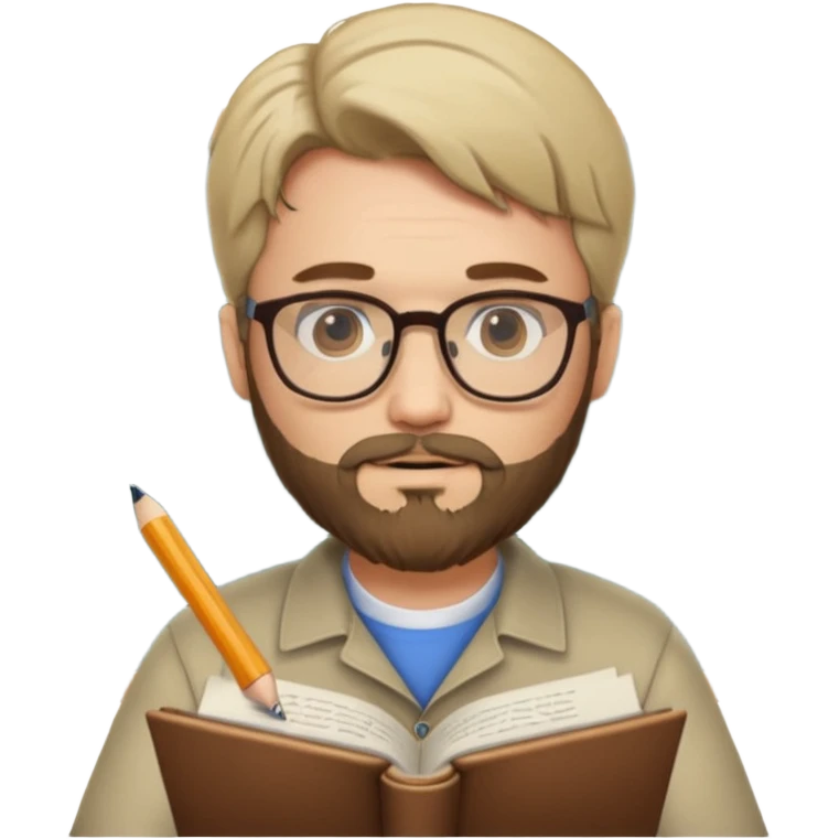 un escritor con barba y cabello medio largo raya en medio, escribiendo emoji
