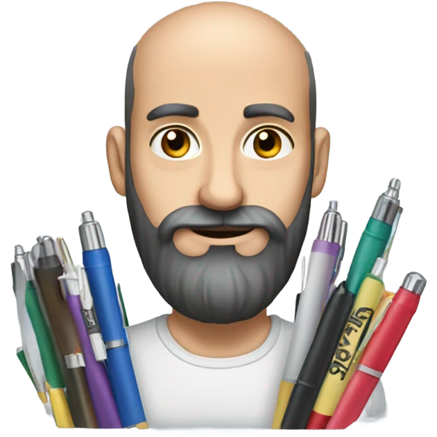 Balding man with thick black beard,  holding lots of pens  emoji