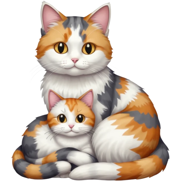 full body colourful light patched calico + white tabby cat cuddling a grey and white cat  emoji