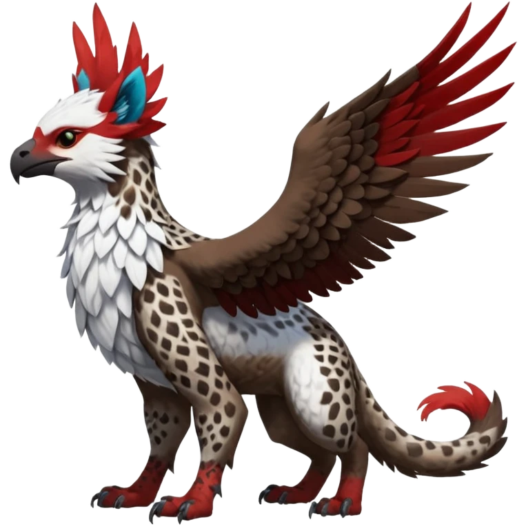 Winged hyper-realistic Feral Rare realistic edgy brown, white, red pretty beautiful handsome gorgeous aesthetic colorful vibrant Vernid-Trico-Silvally-Nargacuga-Gryphon-fusion-hybrid-species-Fakemon-creature by LiLaiRa, random markings, tufted ears, full body with snow-leopard-pattern-markings emoji