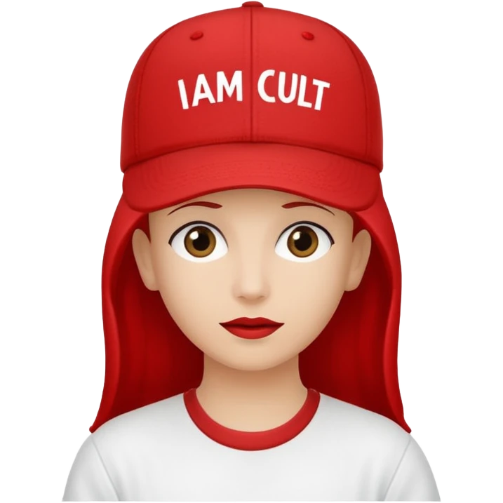 Red cap with no person in it that says "I AM IN A CULT" in white text emoji