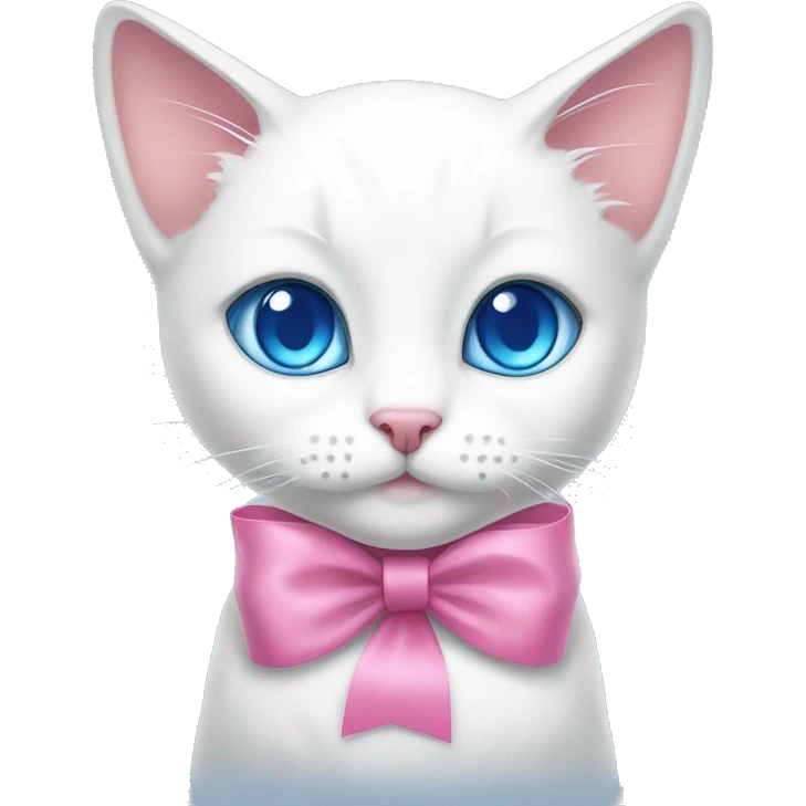 а white cat blue eyes a pink ribbon cutely laying  emoji