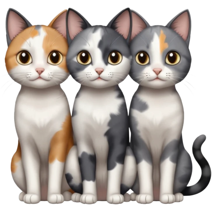 3 different coloured small cats including a dark grey and white, and a patchy calico and a completely solid dark grey with only white paws emoji