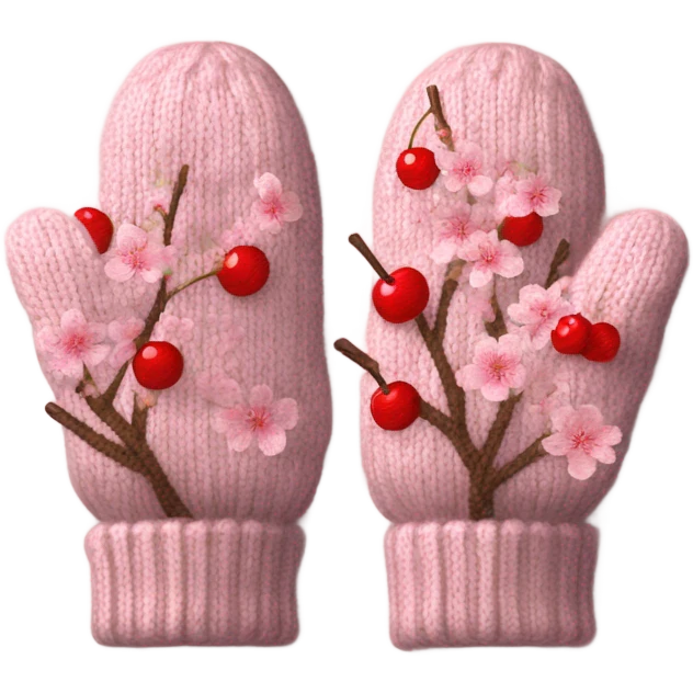 A pair of cozy knitted mittens with a cherry blossom design emoji