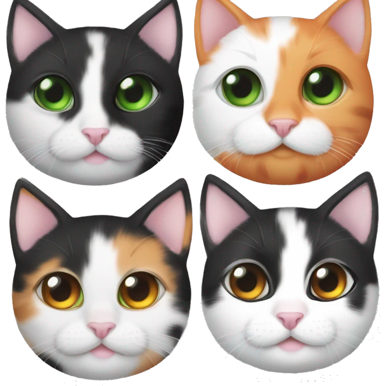 One Black White orange kitten with orange and black spots  Green eyes, pink nose  Black spot on left eye  Orange a big spot on right eye  On all four paws emoji