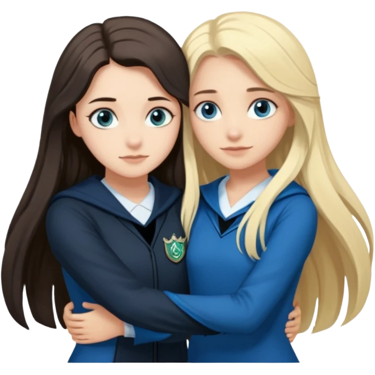 a pretty ravenclaw girl with long dark brown hair and blue eyes standing with a hot Slytherin girl with long blonde hair, blue eyes emoji