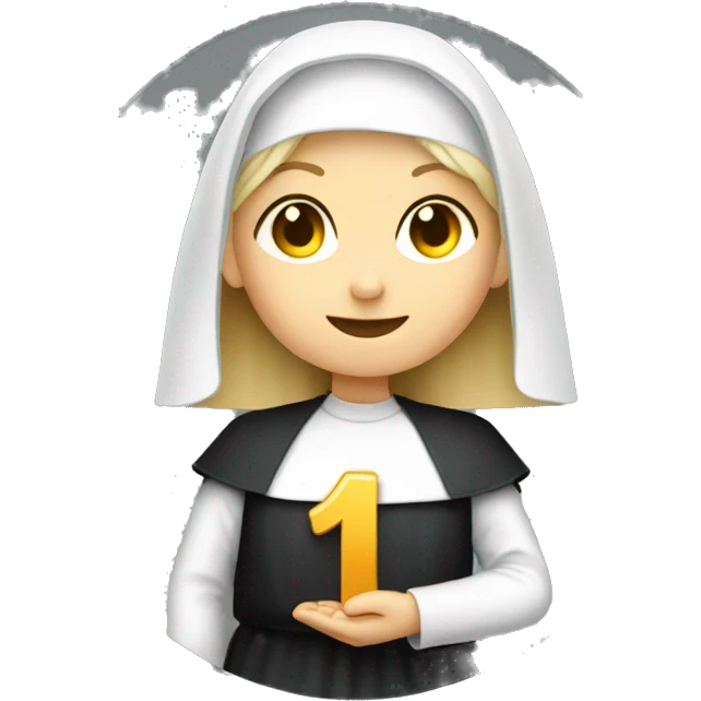 A blonde nun holding a coin with the number 1r on it emoji