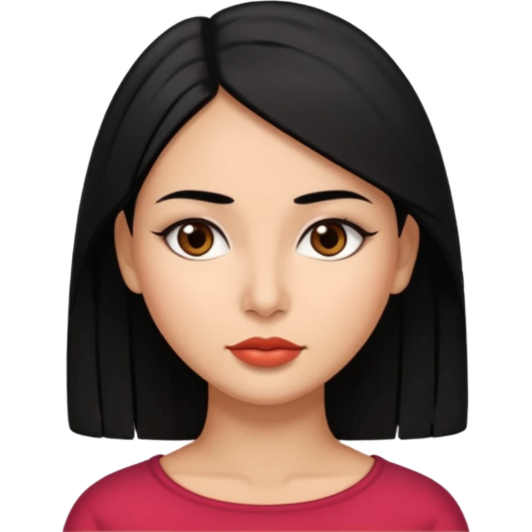 Morena, cabello liso hasta los hombros, ojos pequeños maron oscuro, nariz pequeña, labios gruesos emoji