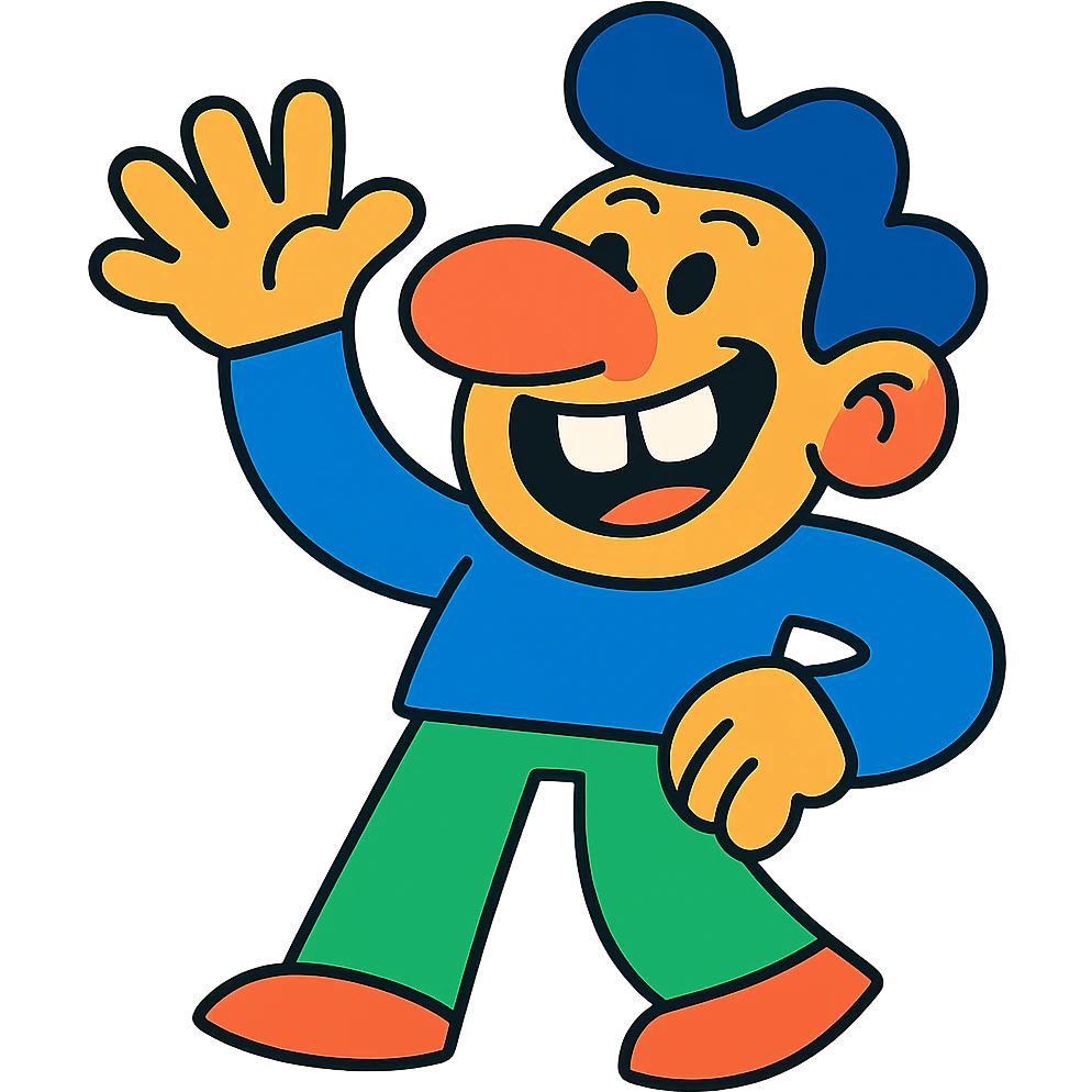 a really happy person with hand, buck teeth, and a really big nose, fun and expressive style, vibrant toon, playful and colorful cartoon character emoji