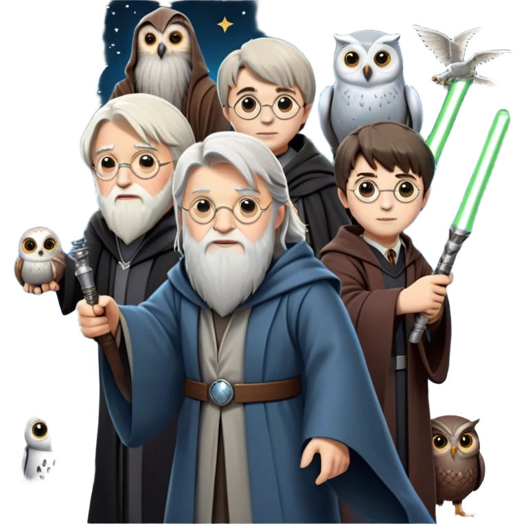 Icon for Fantasy and Sci-Fi Movies: Collage featuring Harry Potter with his wand, Dumbledore. Luke Skywalker with a lightsaber and futuristic robots. Background with a magical planet, Hogwarts, flying owls and spaceships. Epic and magical atmosphere. Transparent background. emoji