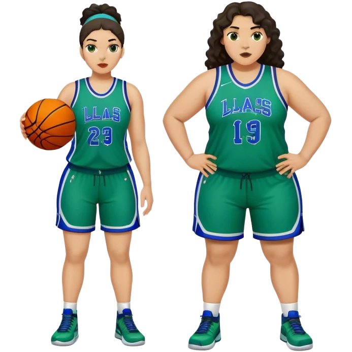 full body plus size light skin latino women basketball player with wavy dark hair large widenose wearing blue and green uniform emoji