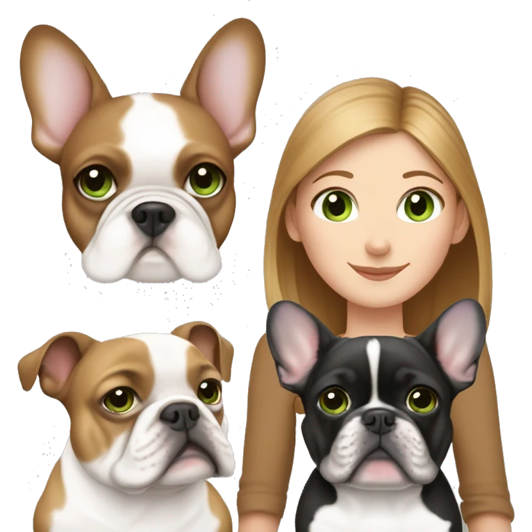 Mom with light brown hair and green eyes, daughter with light brown hair and blue eyes, white French bulldog with black  emoji