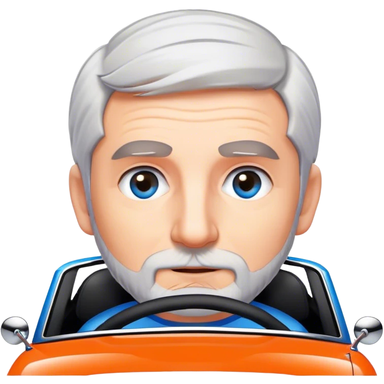 Grey haired short bearded with blue eyes driving a modern orange mini cooper with black bonnet stripes emoji